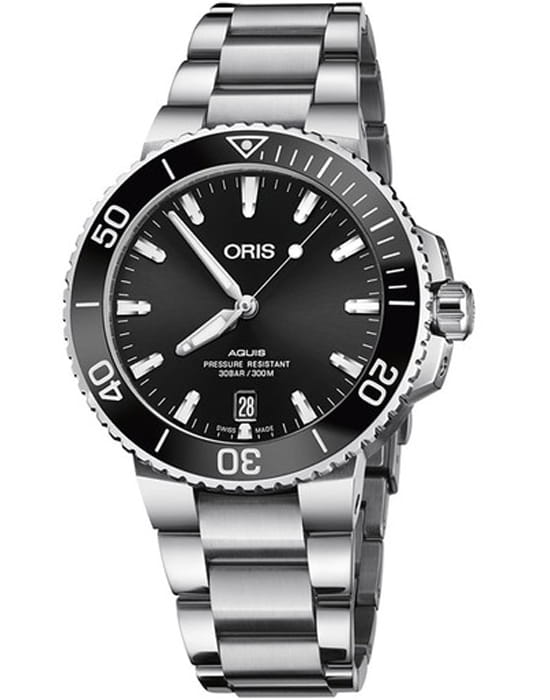 Oris Oris Aquis Date 01 733 7732 4134-07 8 21 05PEB  01 733 7732 4134-07 8 21 05PEB механические мужские часы черный циферблат, браслет нержавеющая сталь — вид спереди